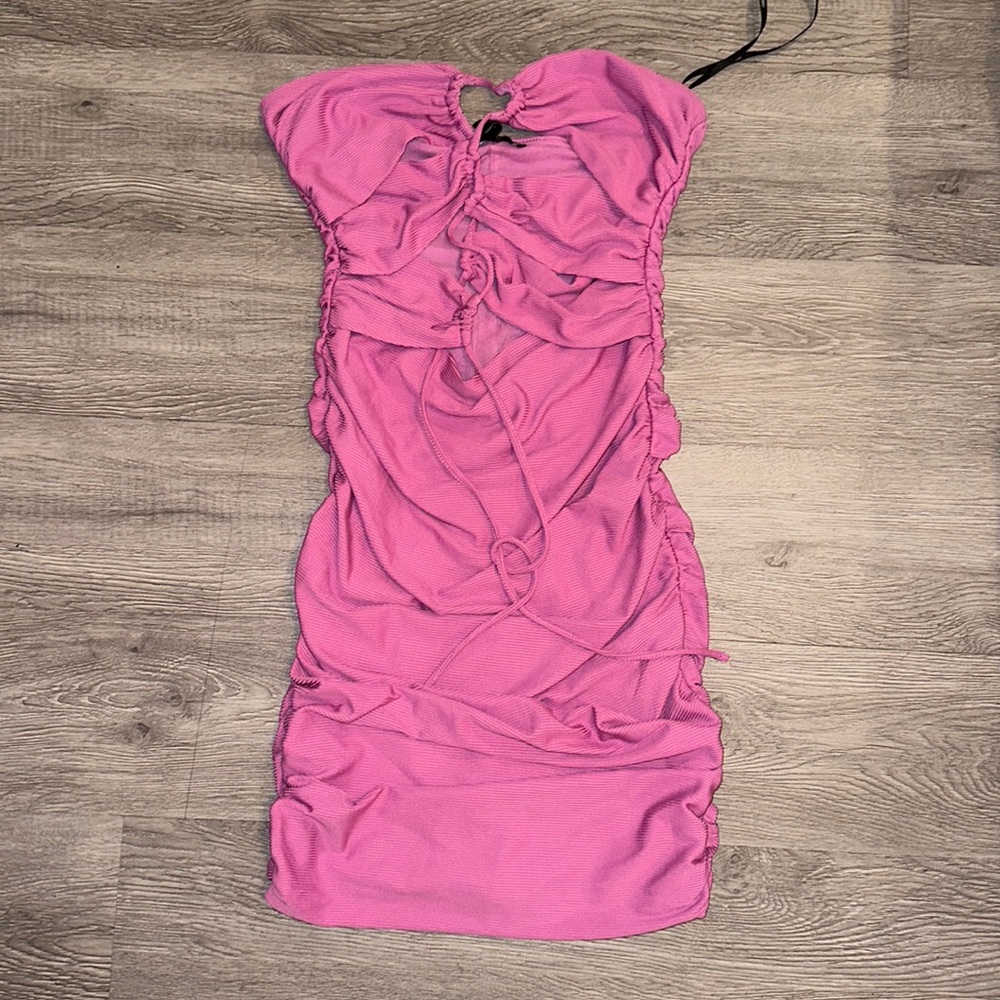 Magenta, strappy, ruched, strapless, going out mini dress